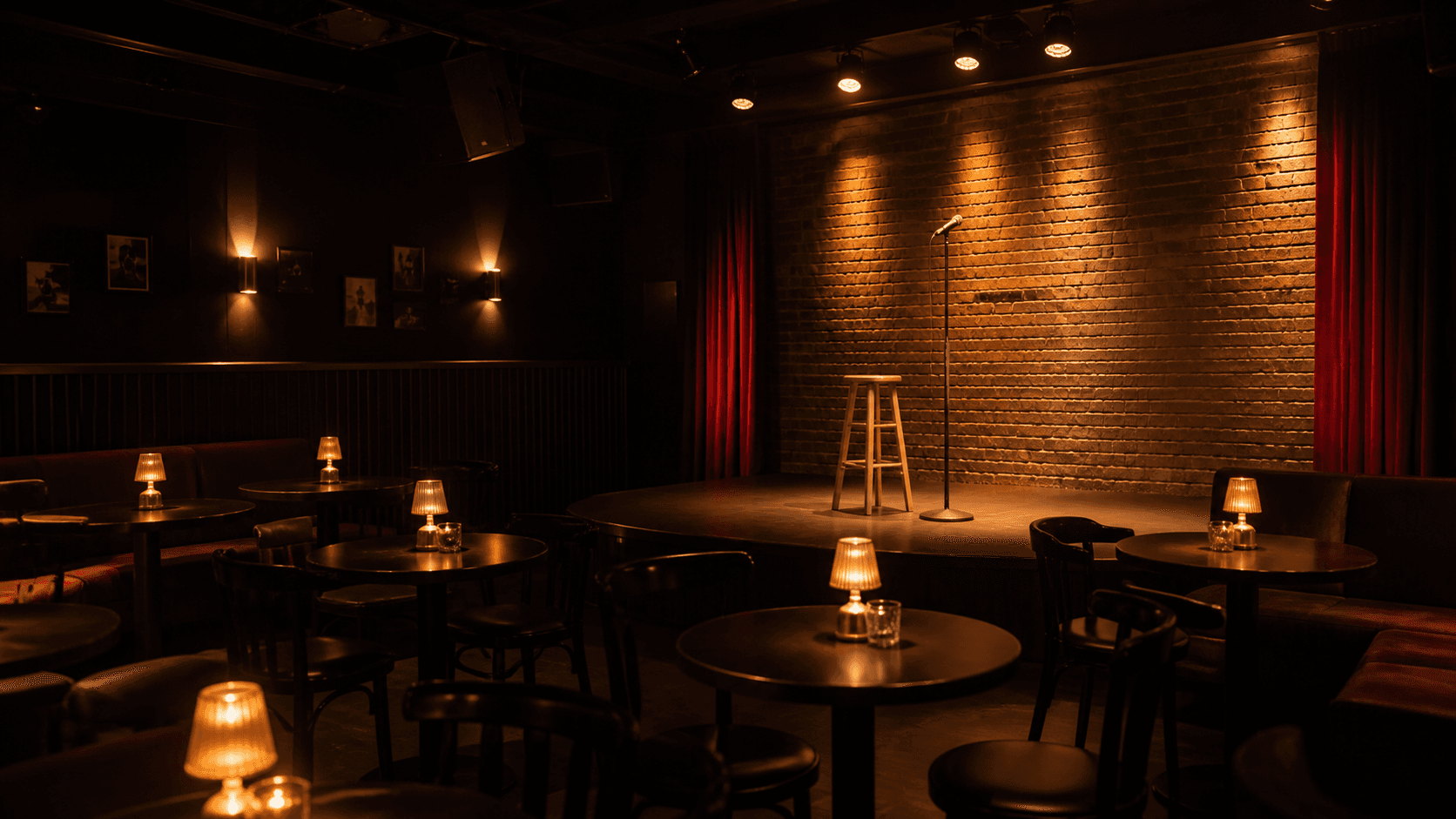 Ambiente intimista de um comedy club preparado para o show